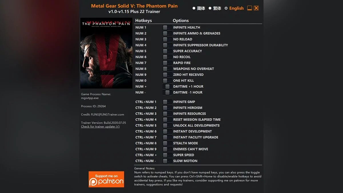 Metal Gear Solid 5: The Phantom Pain — Трейнер (+22) [1.0.1.0 - 1.15]