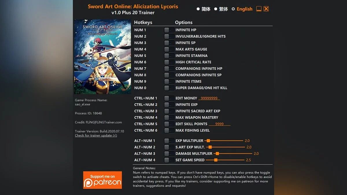 Sword Art Online: Alicization Lycoris — Трейнер (+20) [1.0]