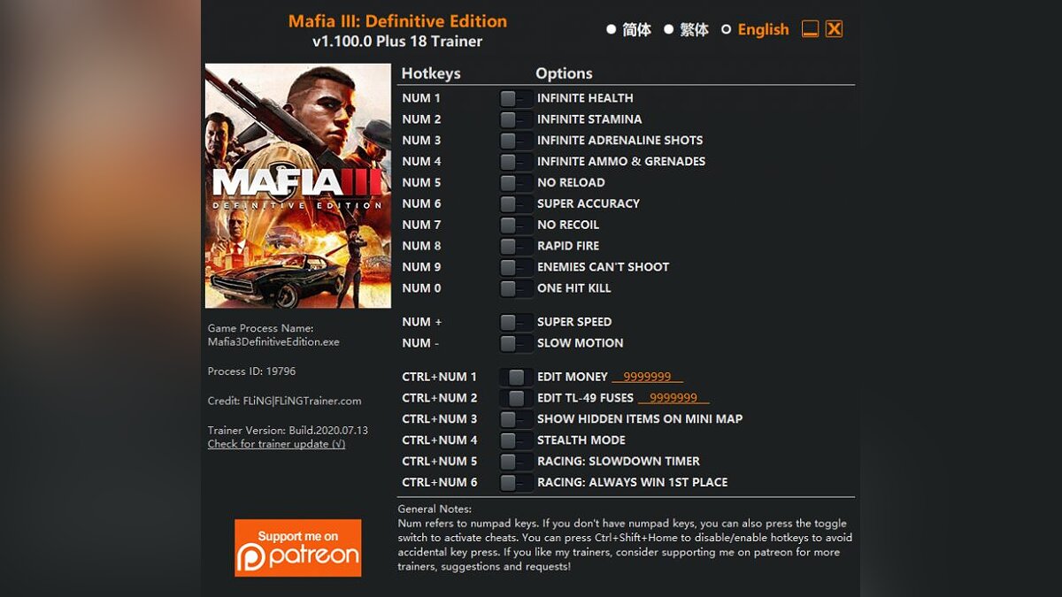 Mafia 3: Definitive Edition — Трейнер (+18) [1.100.0]