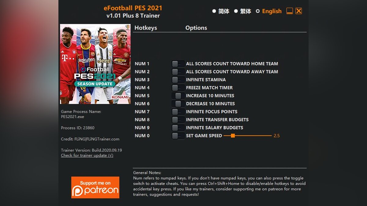 eFootball PES 2021 — Трейнер (+8) [1.01] / Трейнеры / Читы