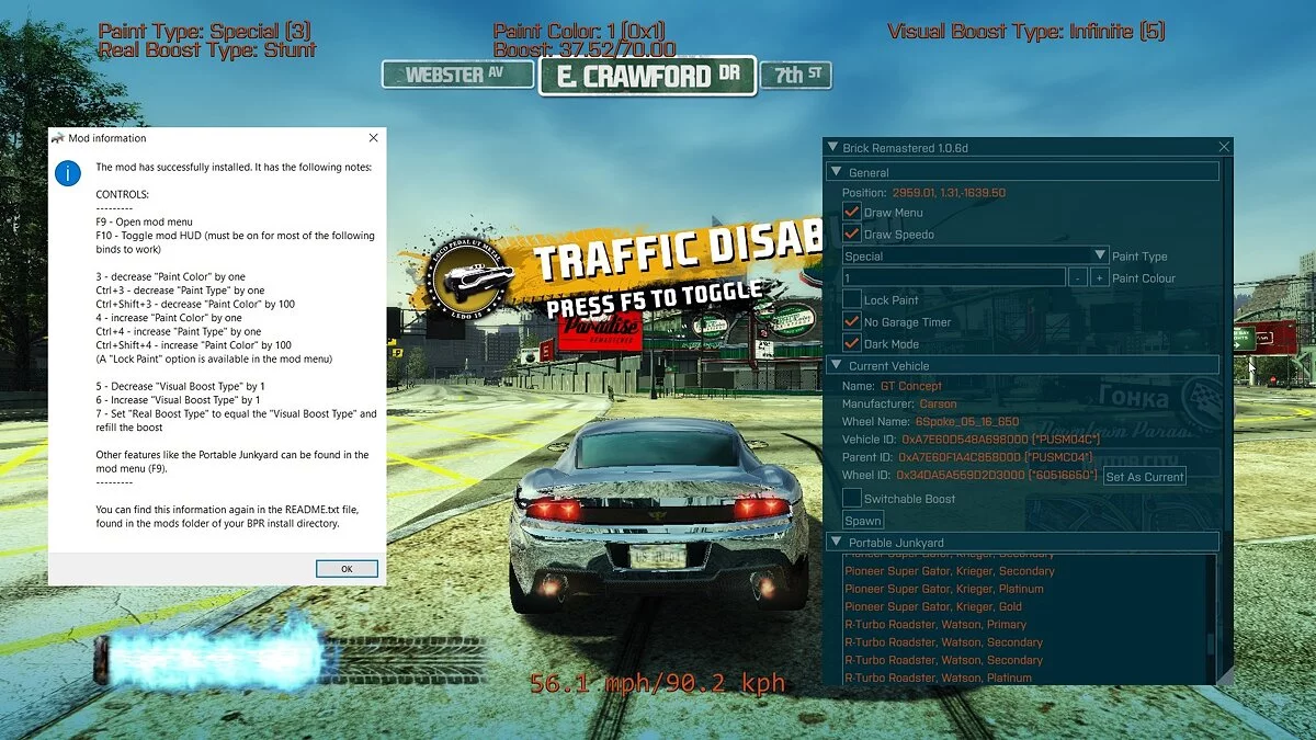 Burnout Paradise Remastered — Чит-Мод (Brick Remastered v1.0.6d / Traffic Toggle v1.0)