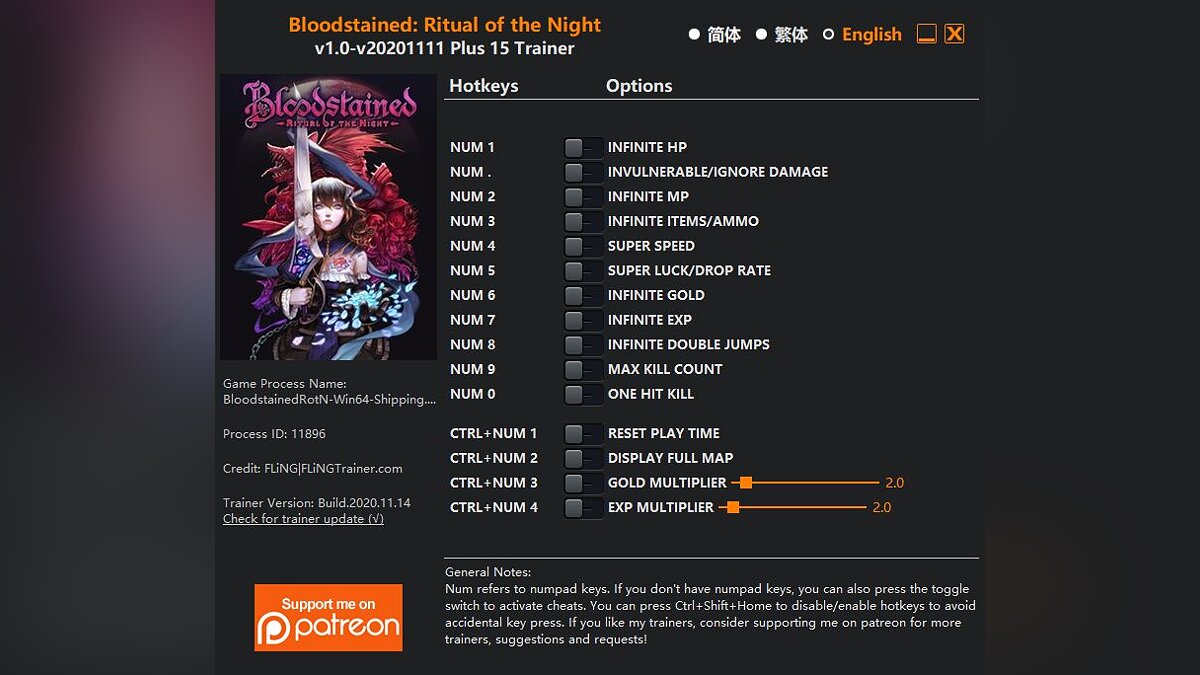 Bloodstained: Ritual of the Night — Трейнер (+15) [1.0 - UPD: 15.11.2020]
