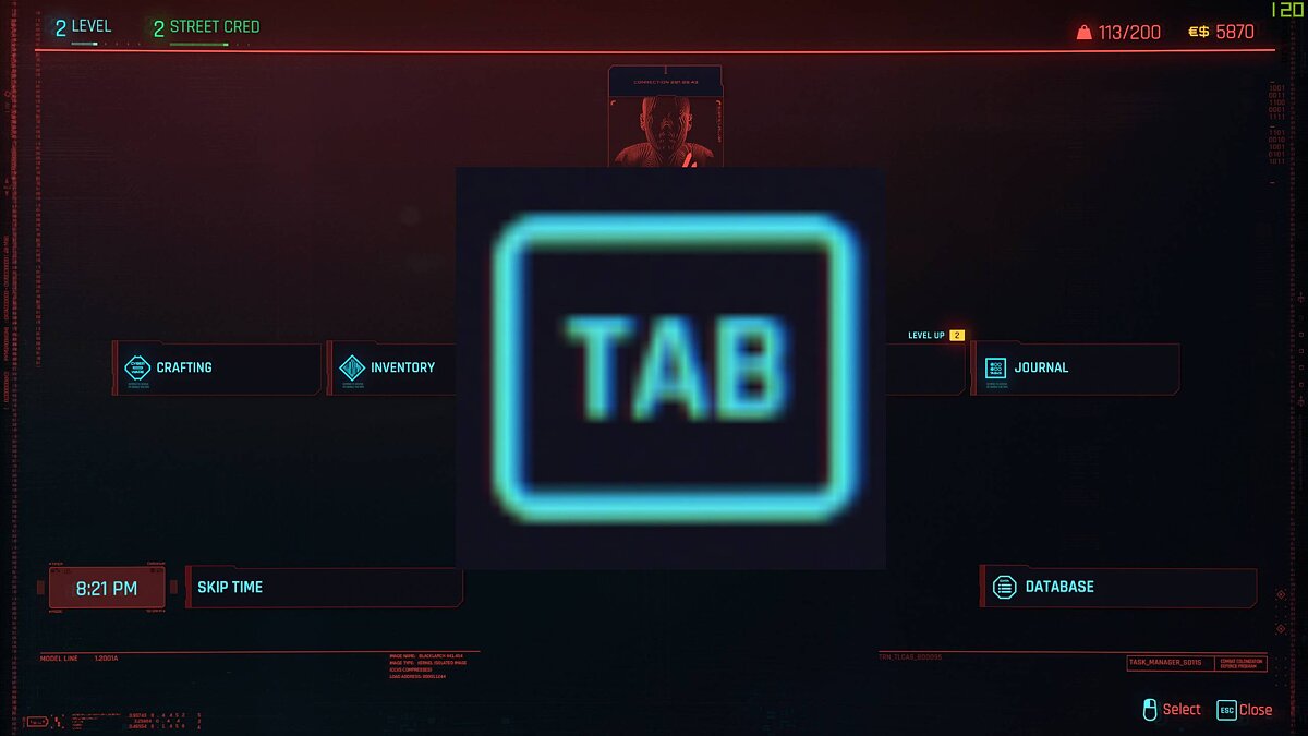 Cyberpunk 2077 — Клавиша Tab для открытия меню