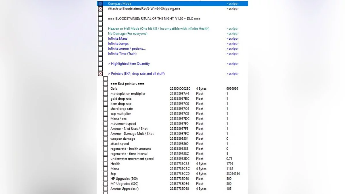 Bloodstained: Ritual of the Night — Таблица для Cheat Engine [UPD: 14.02.2021/1.21]
