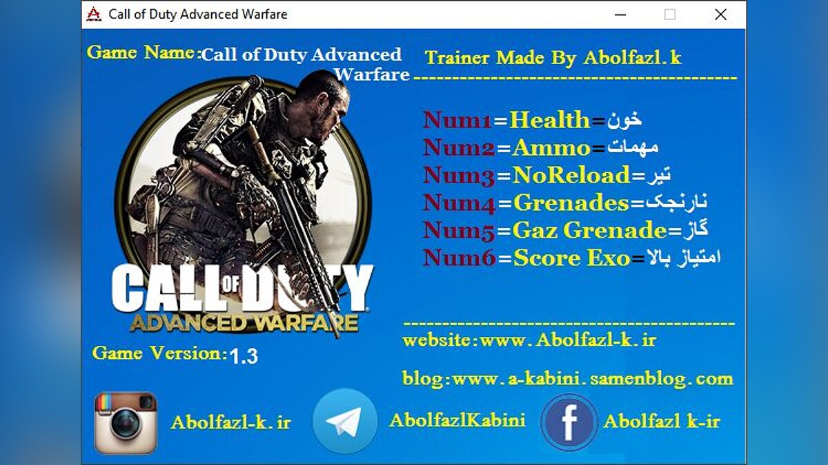 Трейнер 1.3. Call of Duty Advanced Warfare трейнер. Abolfazl Saajedi.