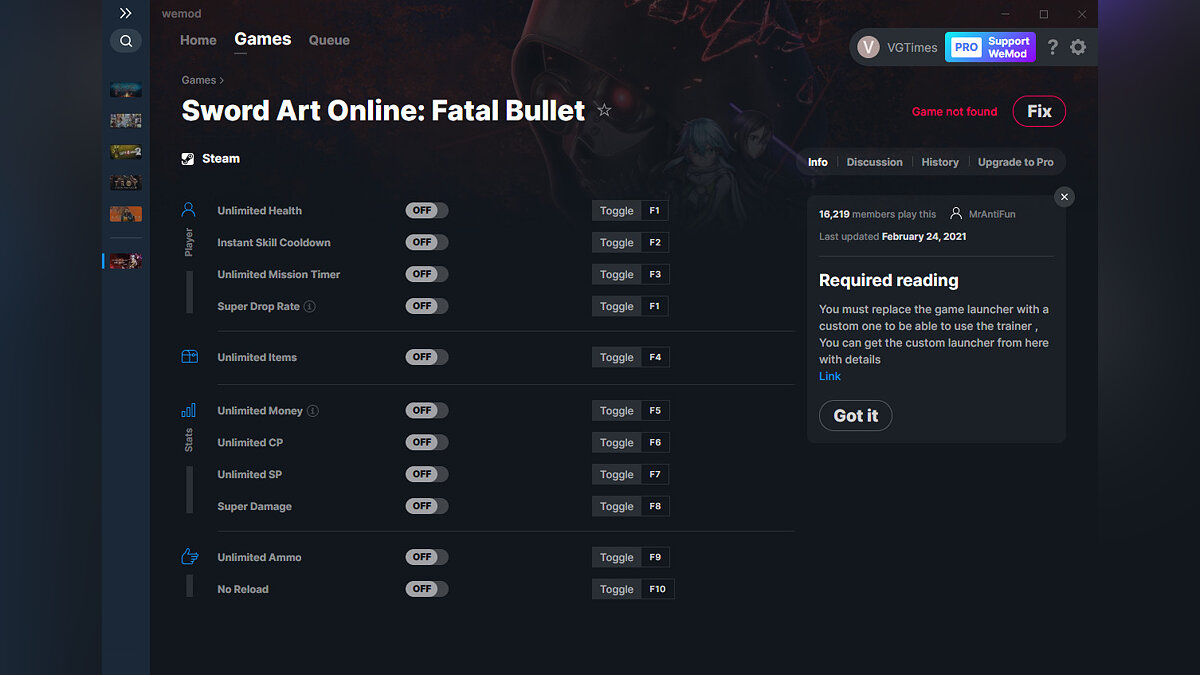 Sword Art Online: Fatal Bullet — Трейнер (+11) от 24.02.2021 [WeMod]