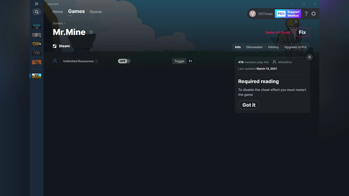 Mr.Mine — Трейнер (+1) от 13.03.2021 [WeMod]