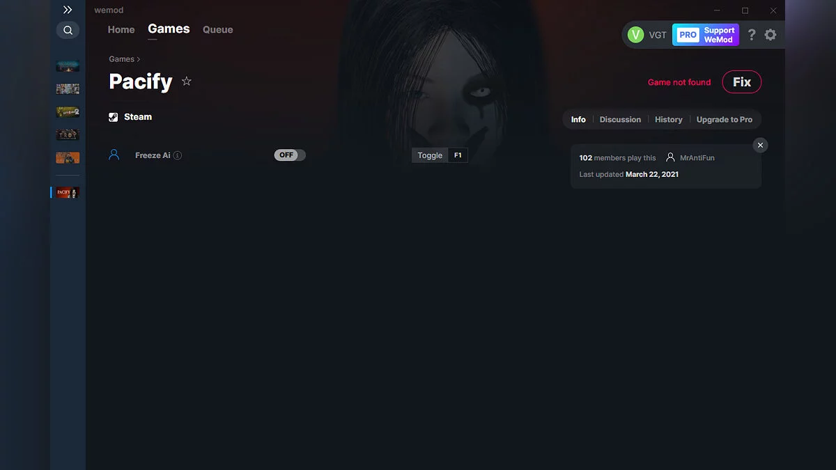 Pacify — Трейнер (+1) от 22.03.2021 [WeMod]