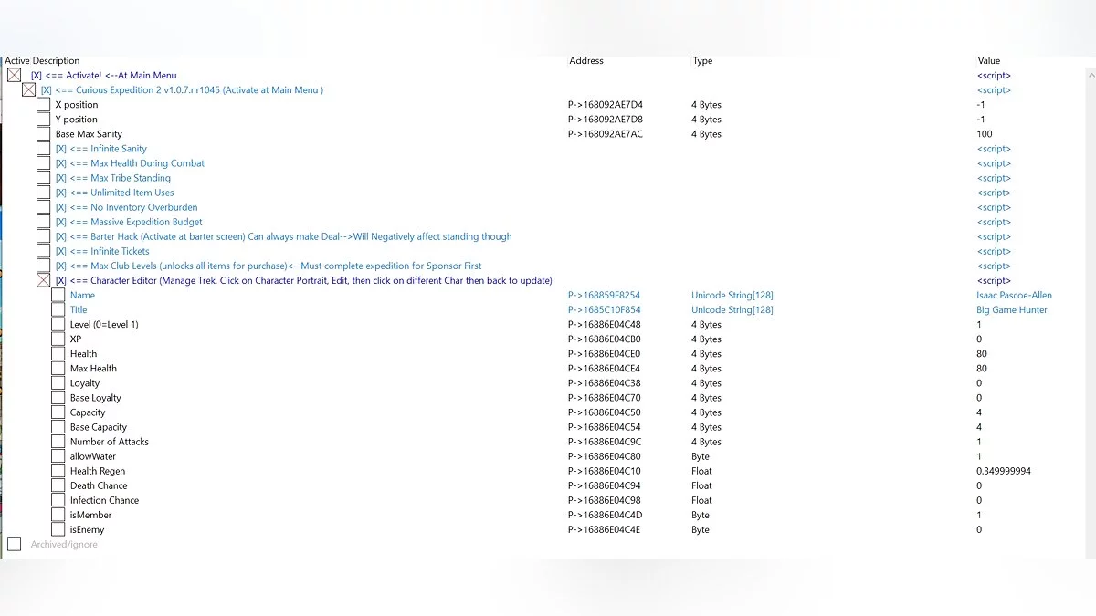 Curious Expedition 2 — Таблица для Cheat Engine [1.0.7.r.r1045]