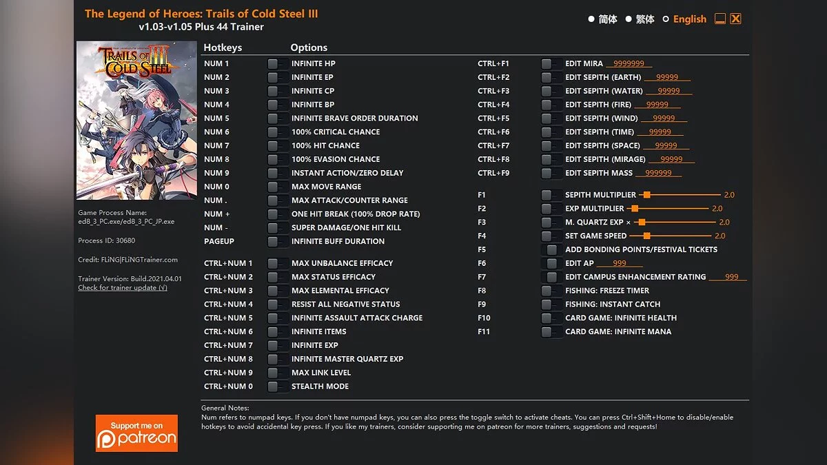 The Legend of Heroes: Trails of Cold Steel 3 — Трейнер (+44) [1.03-1.05(Updated)]