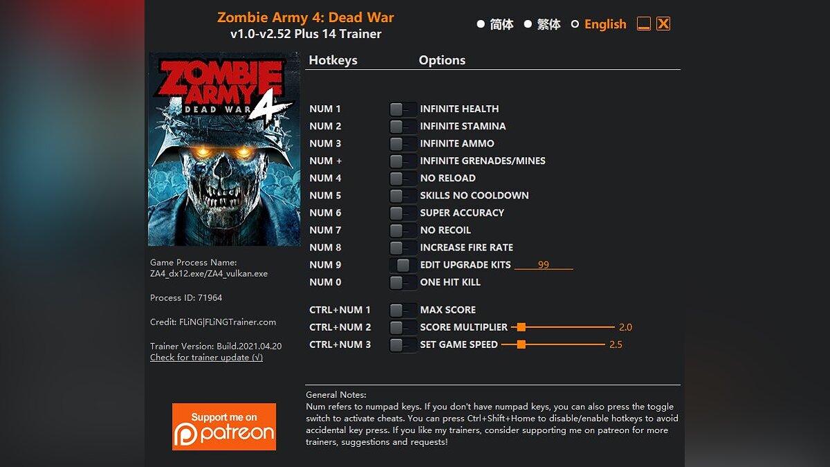 Zombie Army 4: Dead War — Трейнер (+13/+14) [1.0 - 2.52]