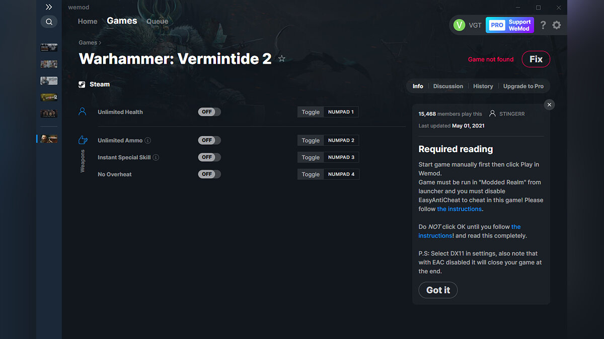 Warhammer: Vermintide 2 — Трейнер (+4) от 01.05.2021 [WeMod]