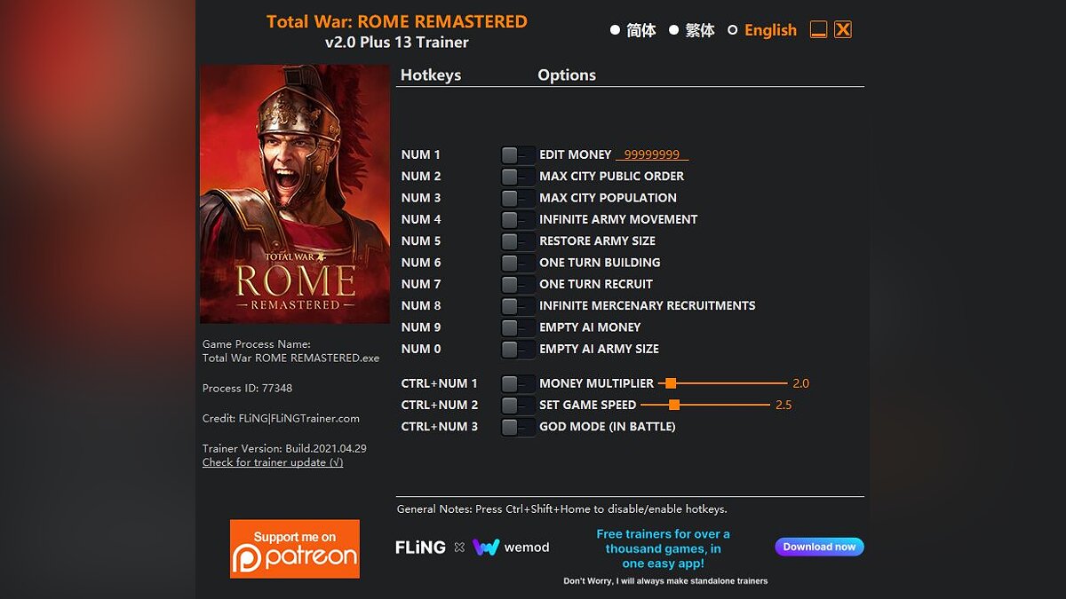 Total War: Rome Remastered — Трейнер (+13) [2.0]