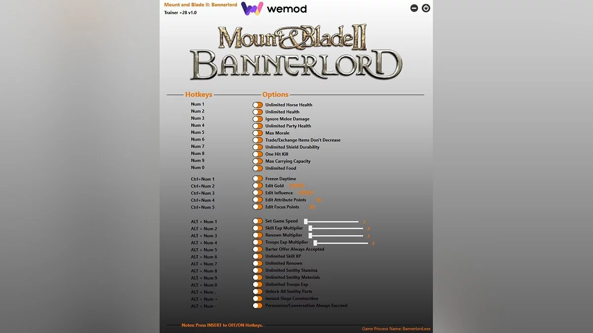 Mount &amp; Blade 2: Bannerlord — Трейнер (+28) [1.0] [Game Version: v1.5.10+]