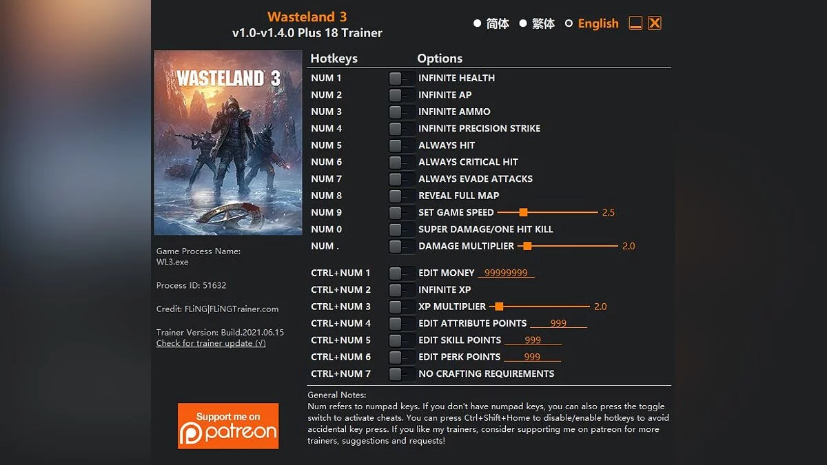 Wasteland 3 — Трейнер (+17/+18) [1.0 - 1.4.0]