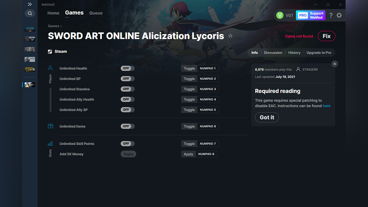 Sword Art Online: Alicization Lycoris — Трейнер (+8) от 19.07.2021 [WeMod]