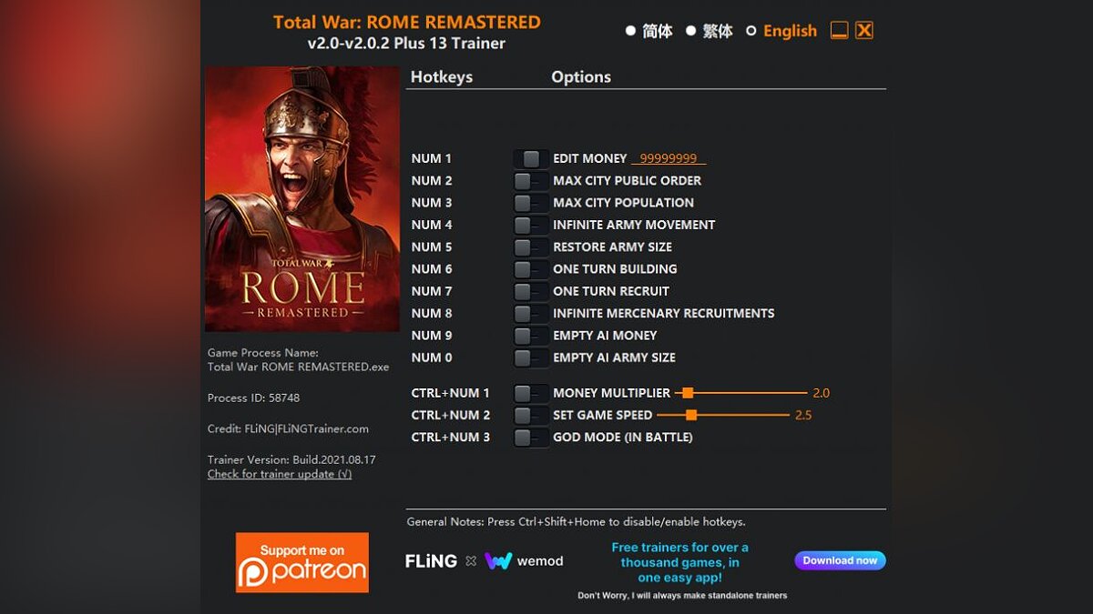 Total War: Rome Remastered — Трейнер (+13) [2.0 - 2.0.2]