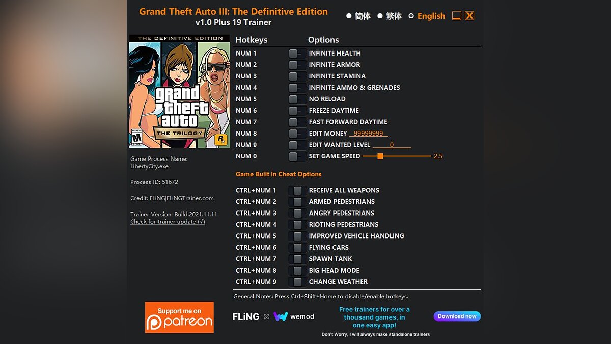 GTA: The Trilogy – The Definitive Edition — Трейнер (+19) [1.0] [Grand Theft Auto III: The Definitive Edition]