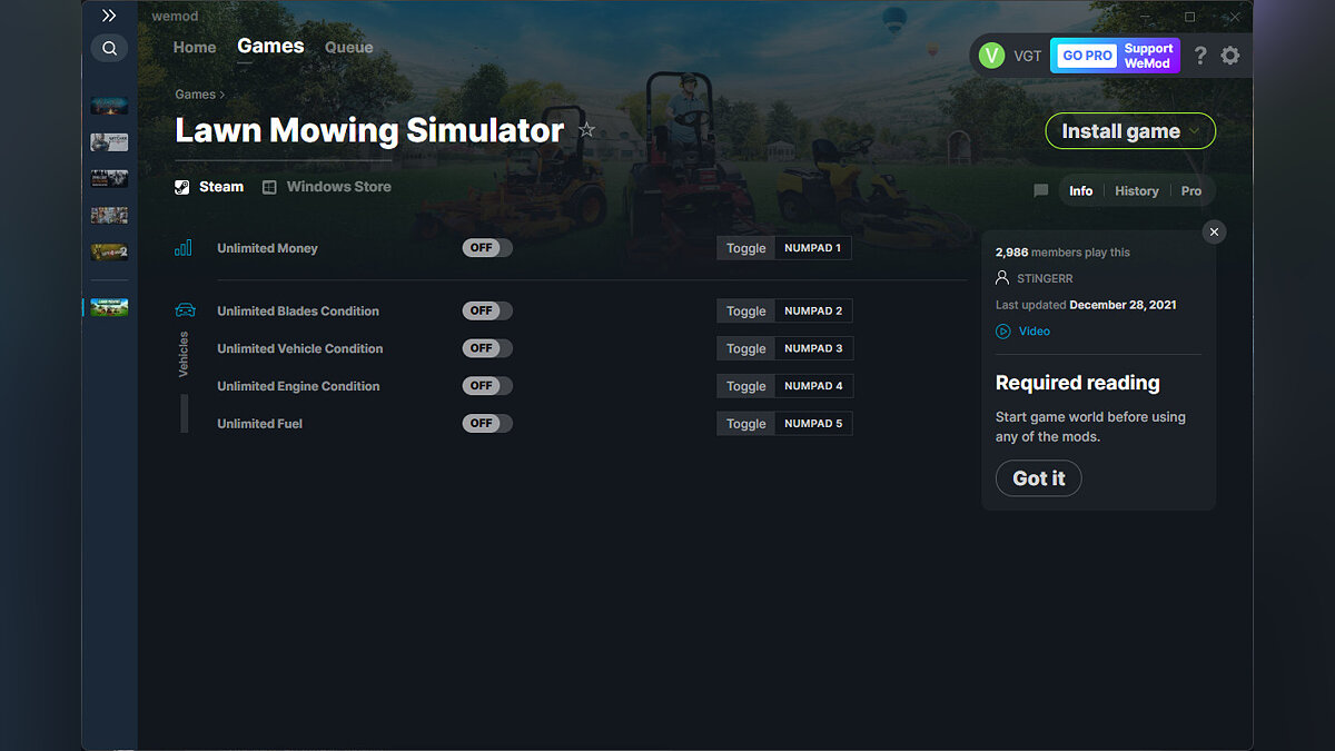 Lawn Mowing Simulator — Трейнер (+5) от 28.12.2021 [WeMod]