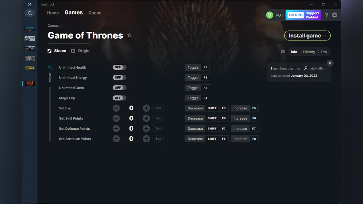 Game of Thrones (2012) — Трейнер (+8) от 03.01.2022 [WeMod]