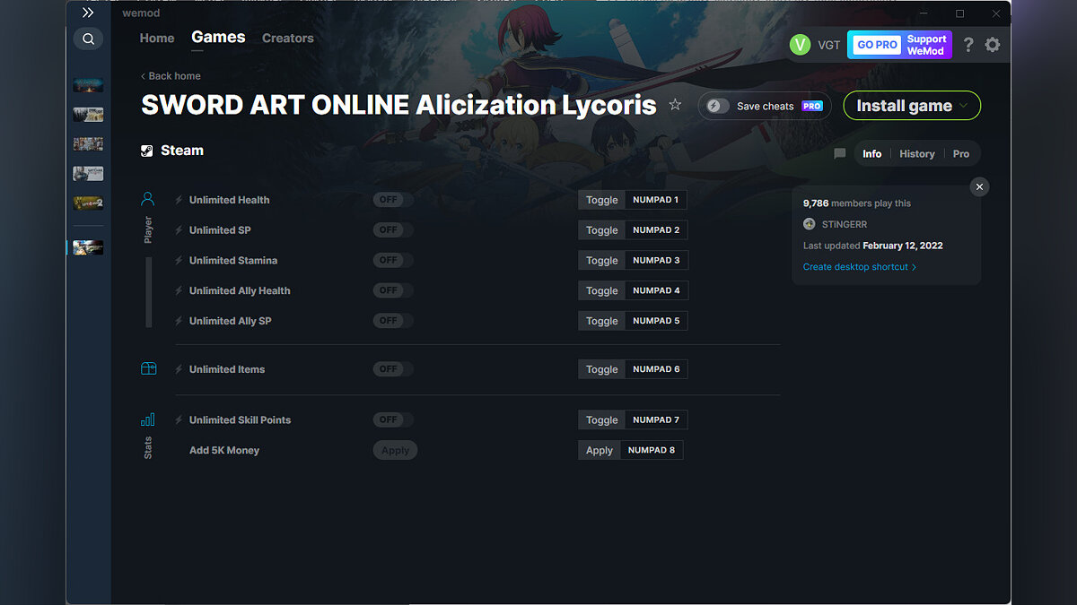 Sword Art Online: Alicization Lycoris — Трейнер (+8) от 12.02.2022 [WeMod]