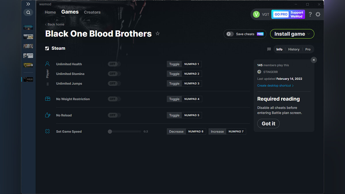 Black One Blood Brothers — Трейнер (+6) от 14.02.2022 [WeMod]