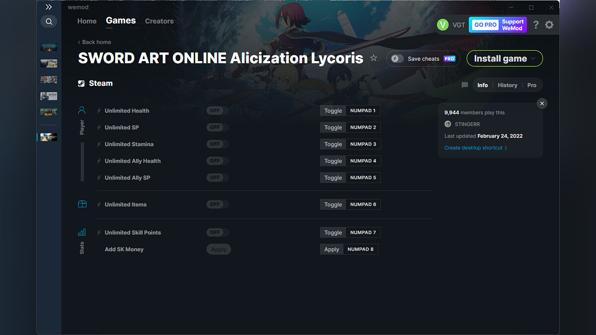 Sword Art Online: Alicization Lycoris — Трейнер (+8) от 24.02.2022 [WeMod]