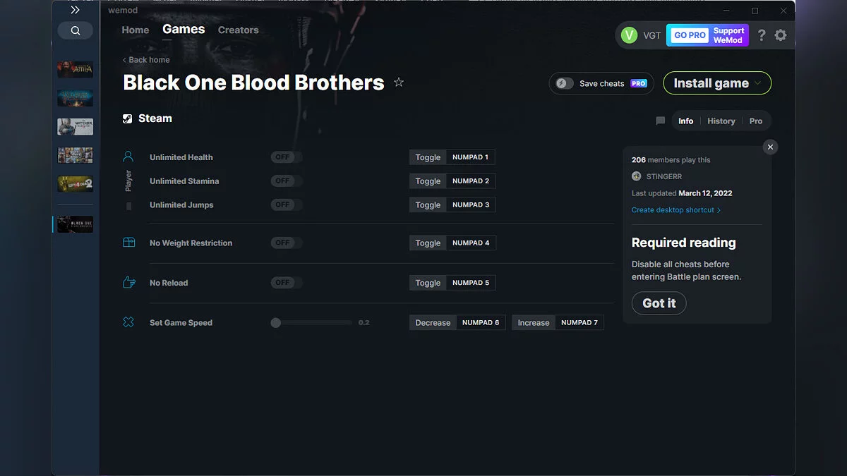 Black One Blood Brothers — Трейнер (+6) от 12.03.2022 [WeMod]