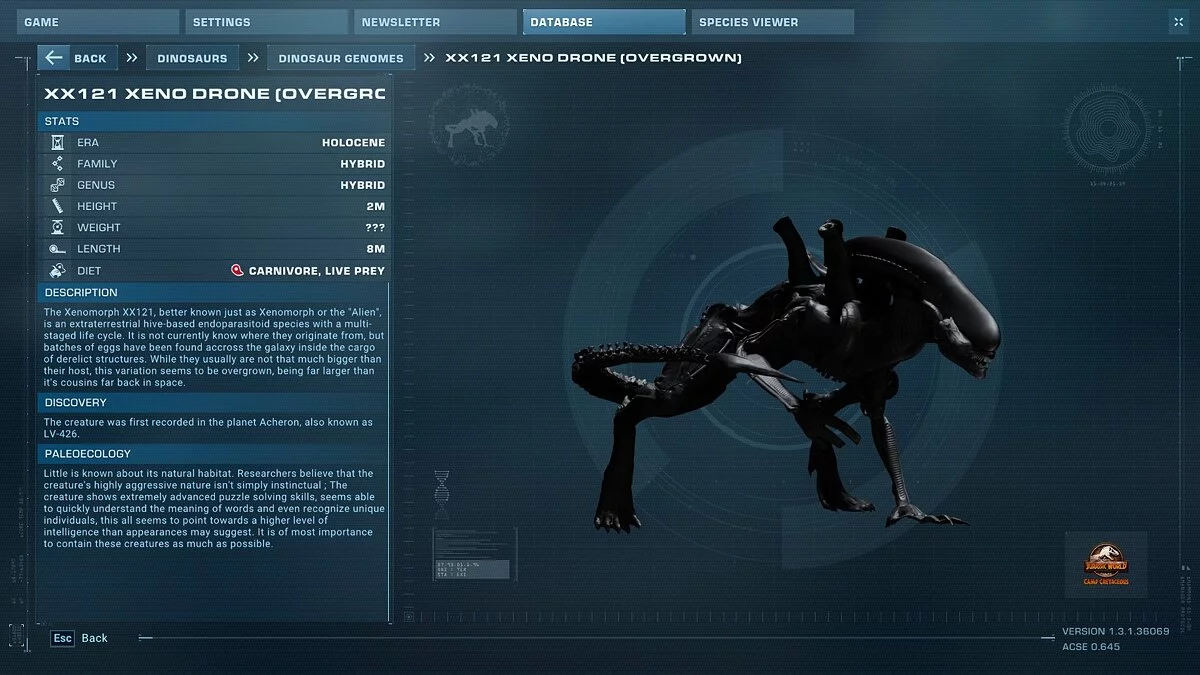 Jurassic World Evolution 2 — База данных ксеноморфов