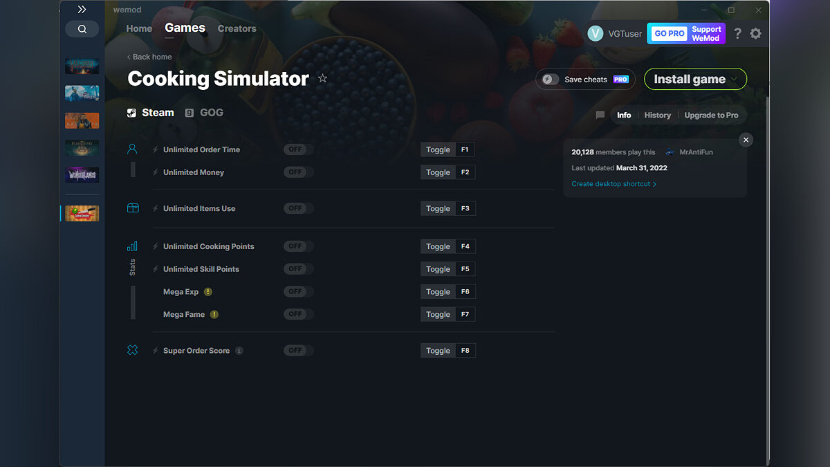 Cooking Simulator — Трейнер (+8) от 31.03.2022 [WeMod]