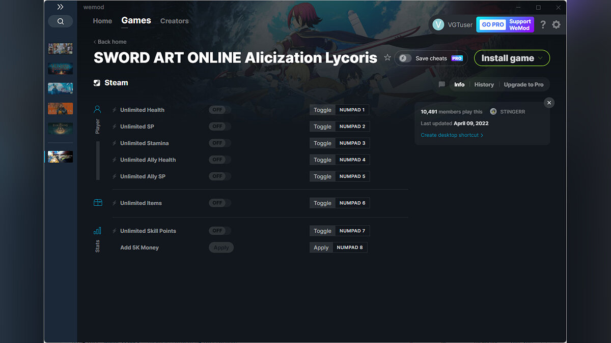 Sword Art Online: Alicization Lycoris — Трейнер (+8) от 09.04.2022 [WeMod]