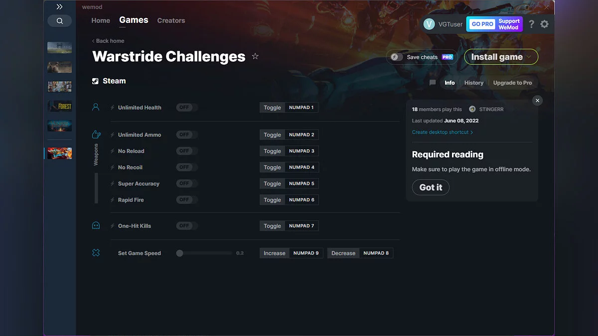 Warstride Challenges — Трейнер (+8) от 08.06.2022 [WeMod]