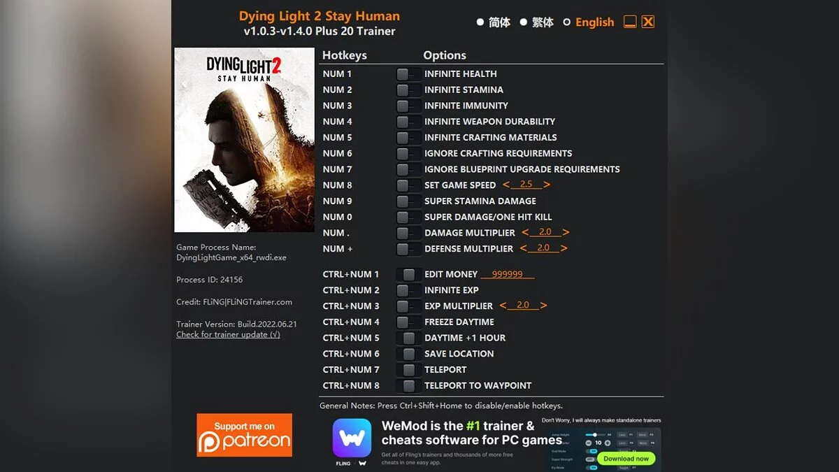 Dying Light 2 Stay Human — Трейнер (+20) [1.0.3 - 1.4.0]