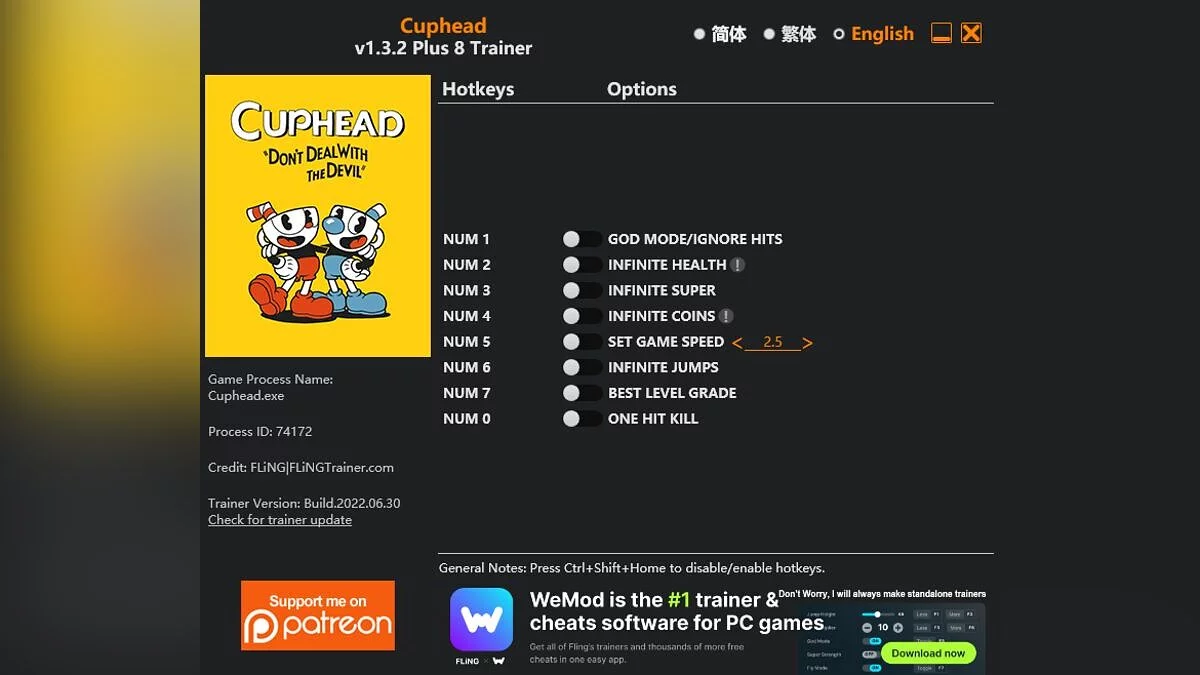 Cuphead — Трейнер (+8) [1.0 - 1.3.2]