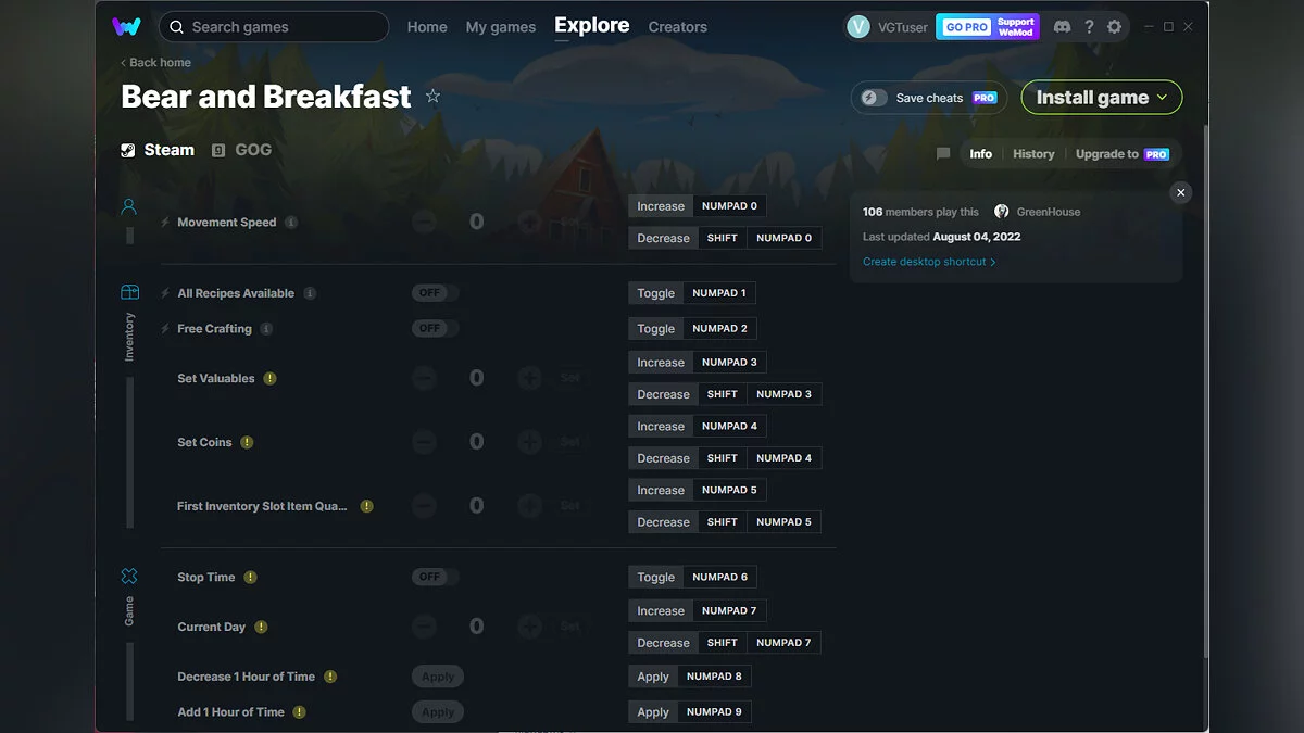 Bear and Breakfast — Трейнер (+10) от 04.08.2022 [WeMod]