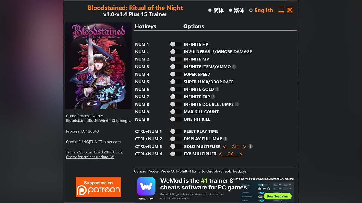 Bloodstained: Ritual of the Night — Трейнер (+15) [1.0 - 1.4]