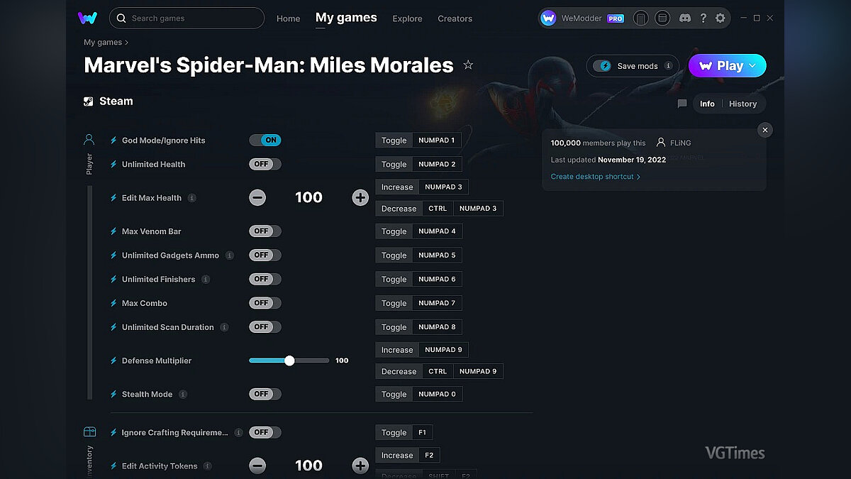 Marvel&#039;s Spider-Man: Miles Morales — Трейнер (+22) от 18.11.2022 [WeMod]