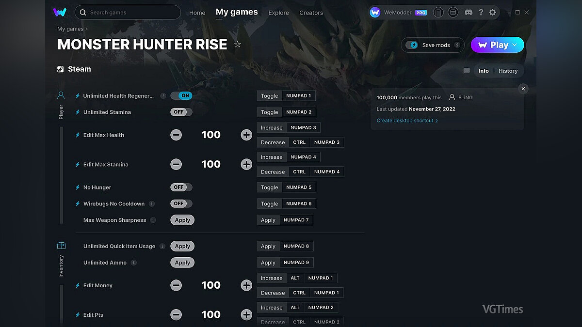 Monster Hunter Rise — Трейнер (+20) от 27.11.2022 [WeMod]