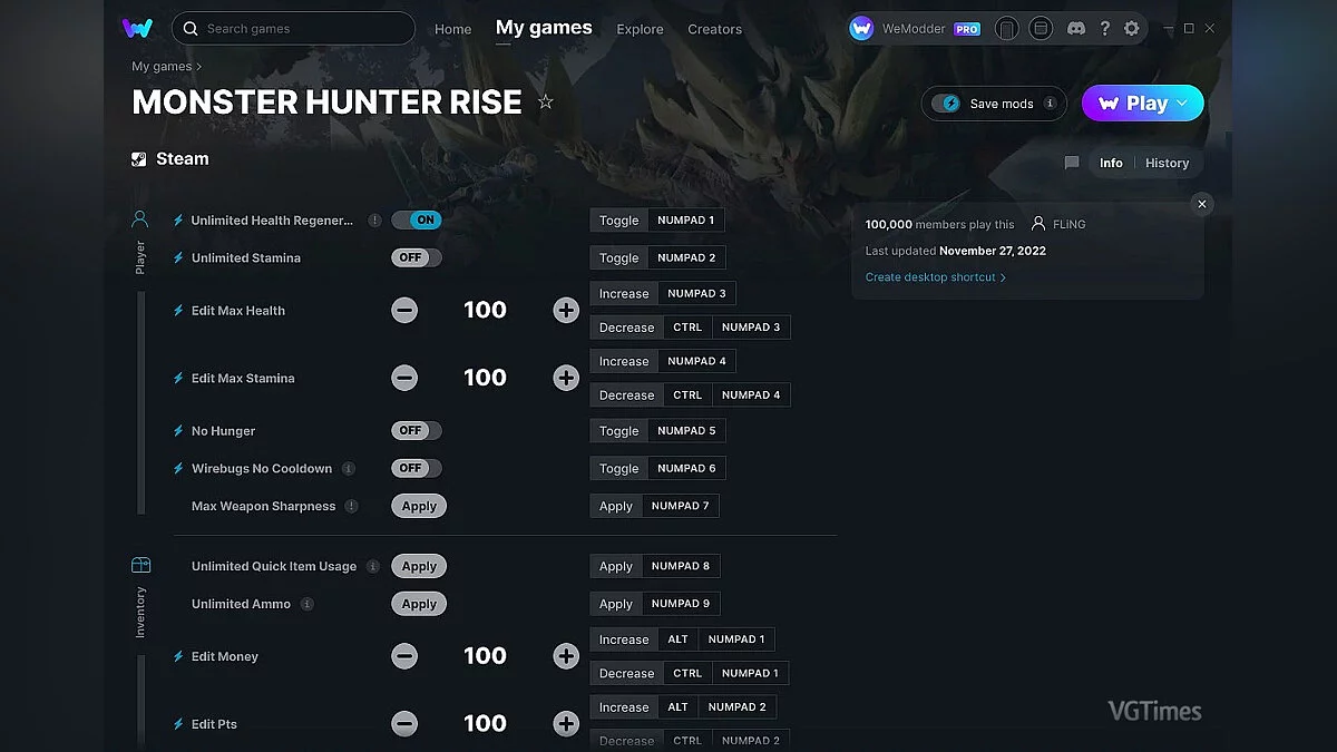 Monster Hunter Rise — Трейнер (+20) от 27.11.2022 [WeMod]