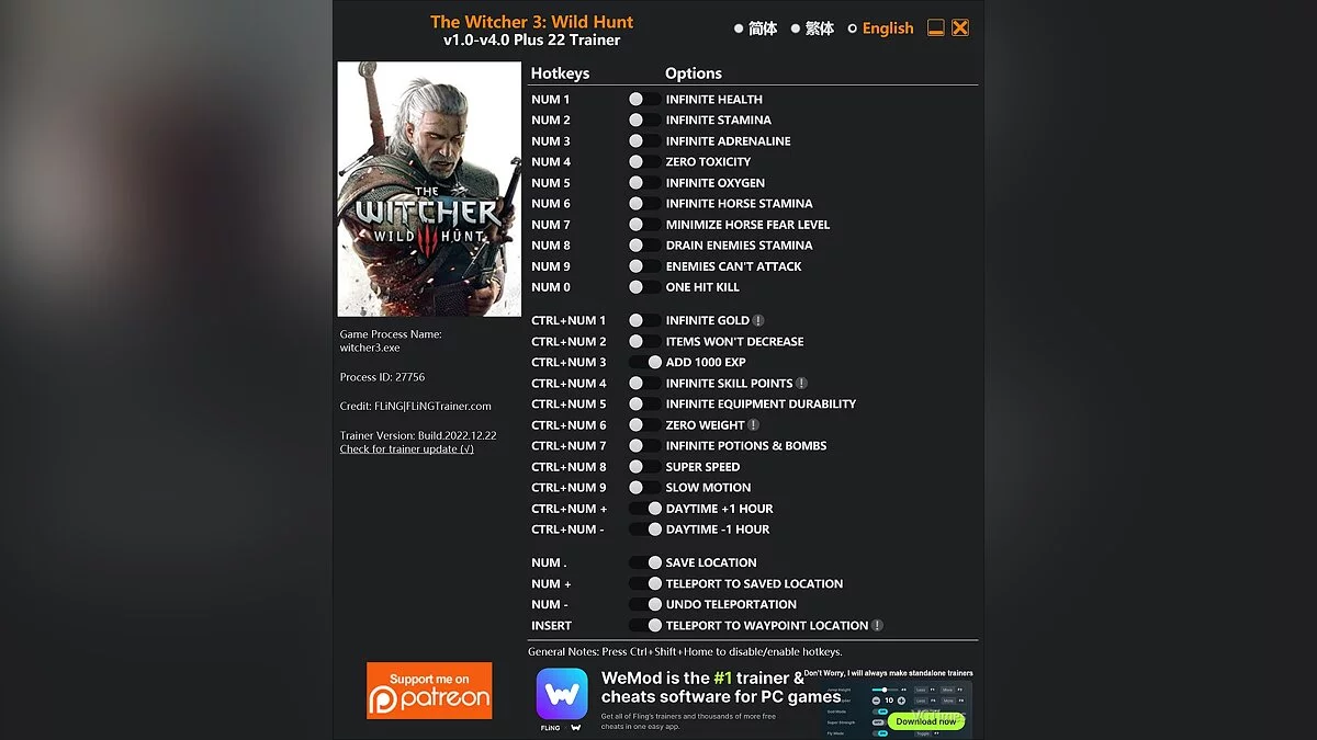 The Witcher 3: Wild Hunt — Трейнер (+22) [1.0 - 4.0]