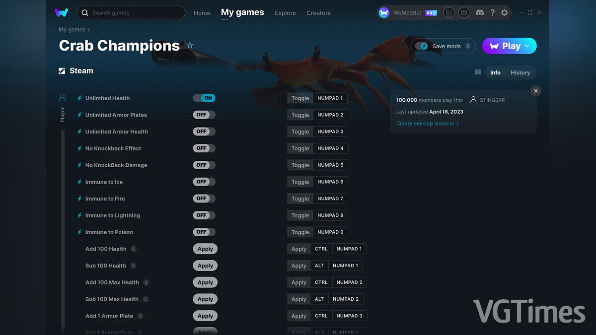 Crab Champions — Трейнер (+30) от 16.04.2023 [WeMod]