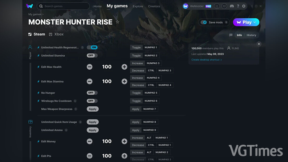 Monster Hunter Rise — Трейнер (+20) от 06.05.2023 [WeMod]