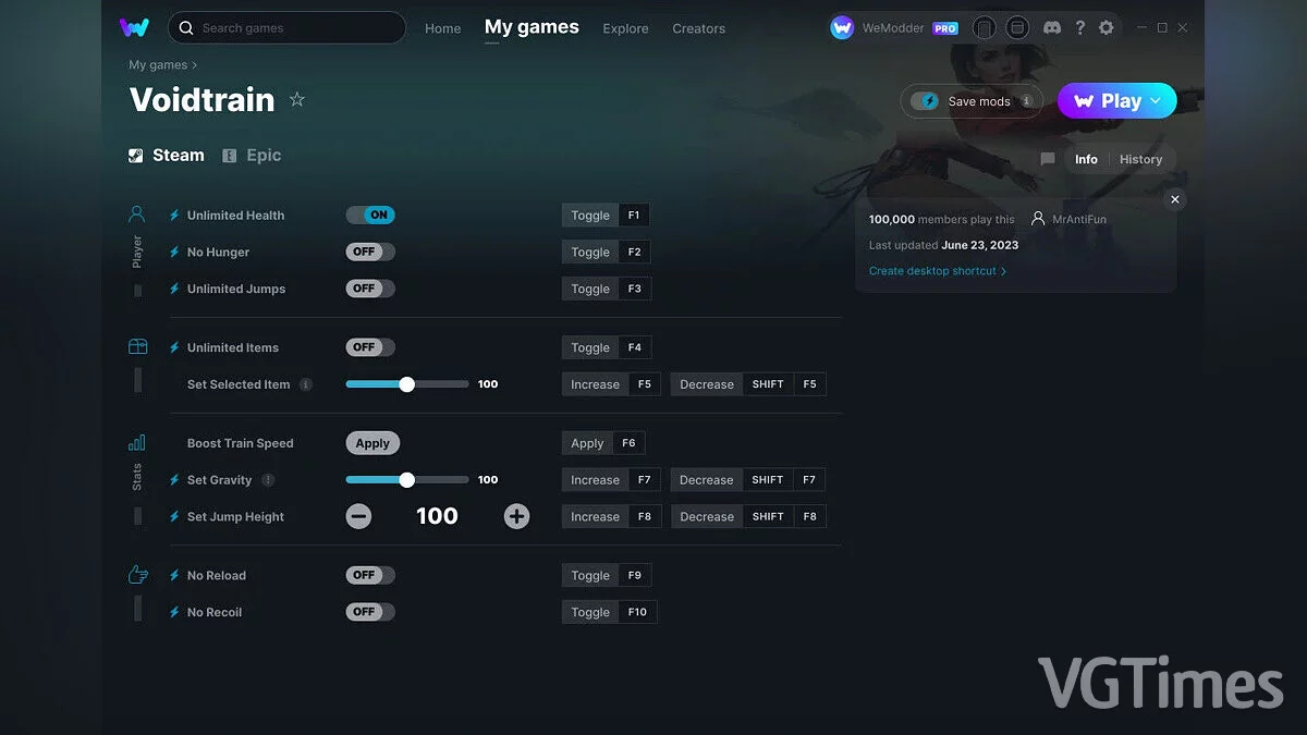 Voidtrain — Трейнер (+10) от 23.06.2023 [WeMod]