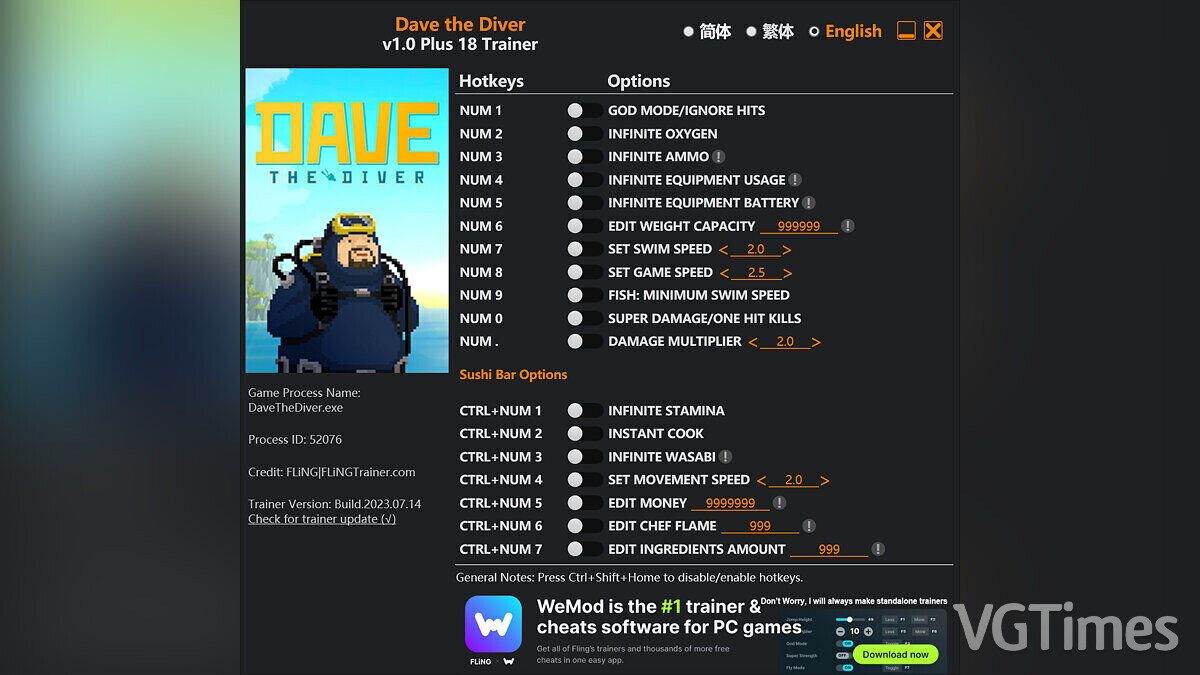 Dave the Diver — Трейнер (+18) [1.0]