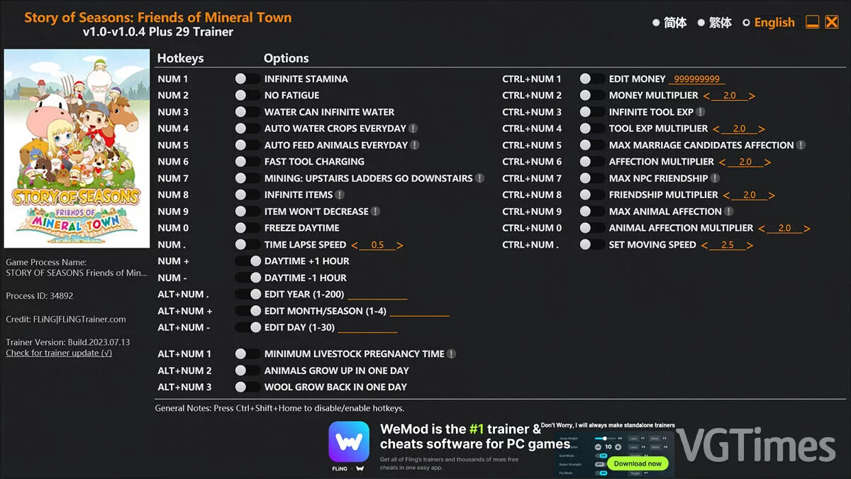 Story of Seasons: Friends of Mineral Town — Трейнер (+29) [1.0 - 1.0.4]