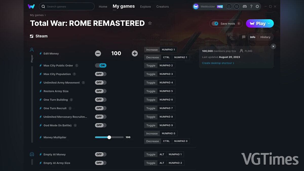 Total War: Rome Remastered — Трейнер (+13) от 20.08.2023 [WeMod]