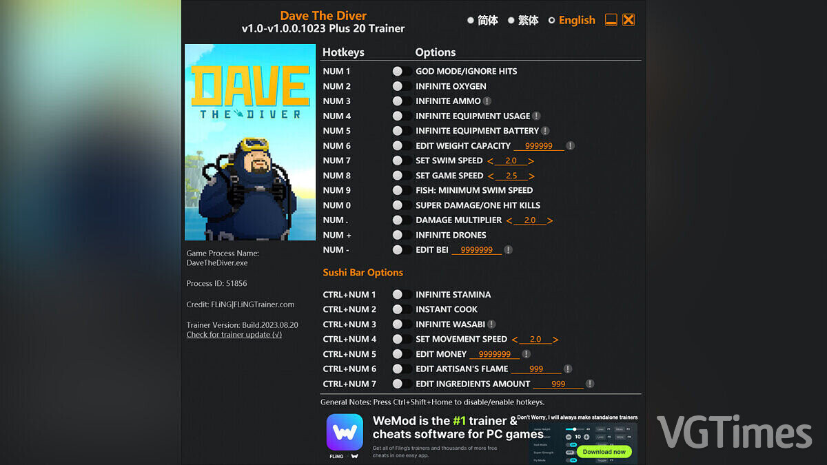 Dave the Diver — Трейнер (+18) [1.0 - 1.0.0.1023]