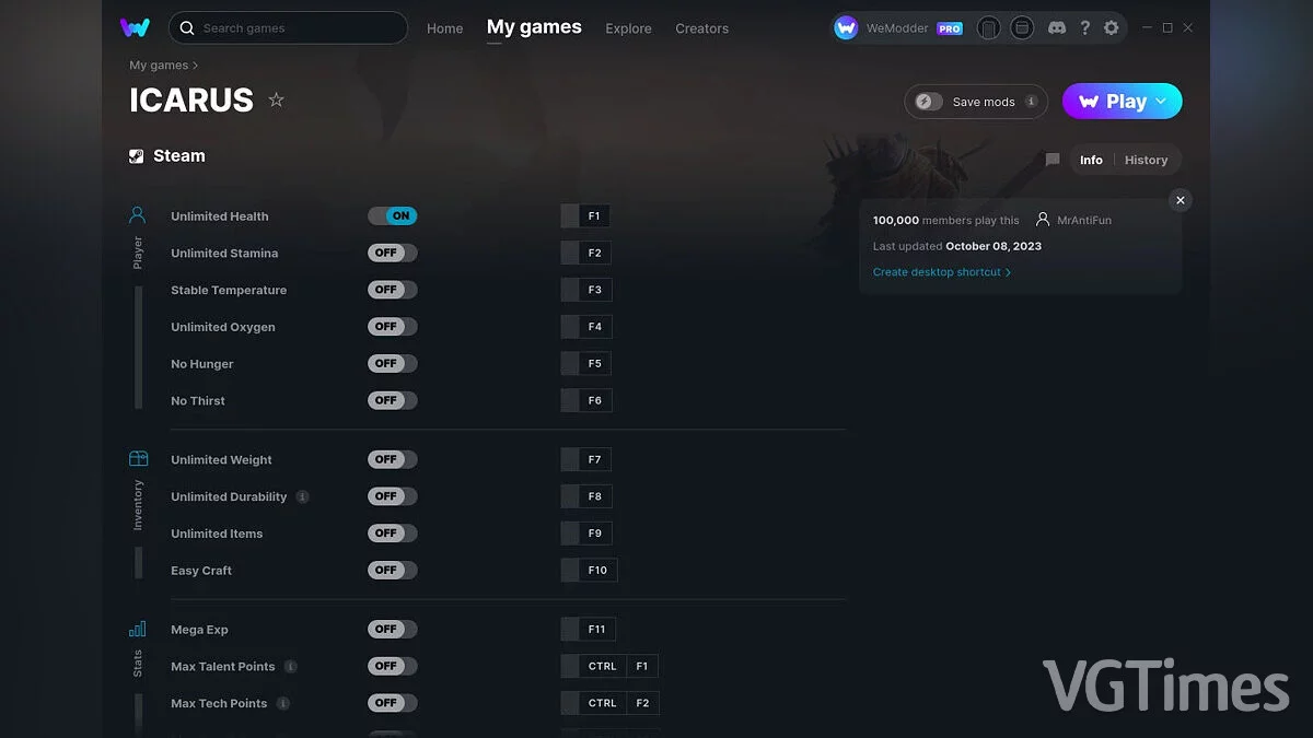 Icarus — Трейнер (+22) от 08.10.2023 [WeMod]