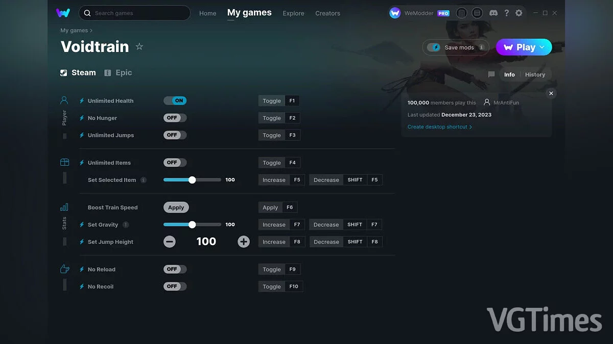 Voidtrain — Трейнер (+10) от 23.12.2023 [WeMod]