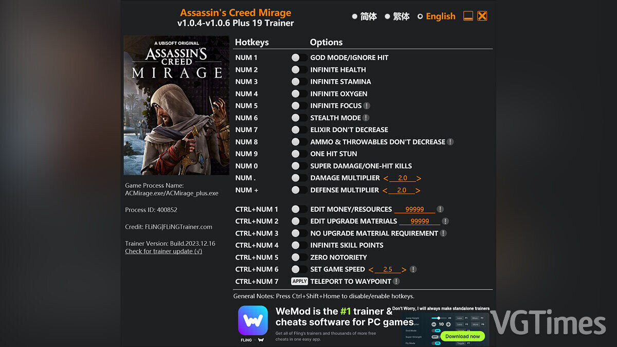 Assassin&#039;s Creed Mirage — Трейнер (+19) [1.0.4 - 1.0.6]